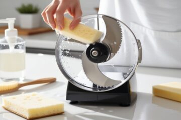 Food processor blade being cleaned with a soft sponge and warm water, with soap bubbles and water droplets visible on the shiny stainless-steel blade. The kitchen counter features dish soap, a small brush, and a soft sponge, highlighting the importance of maintaining kitchen tools.