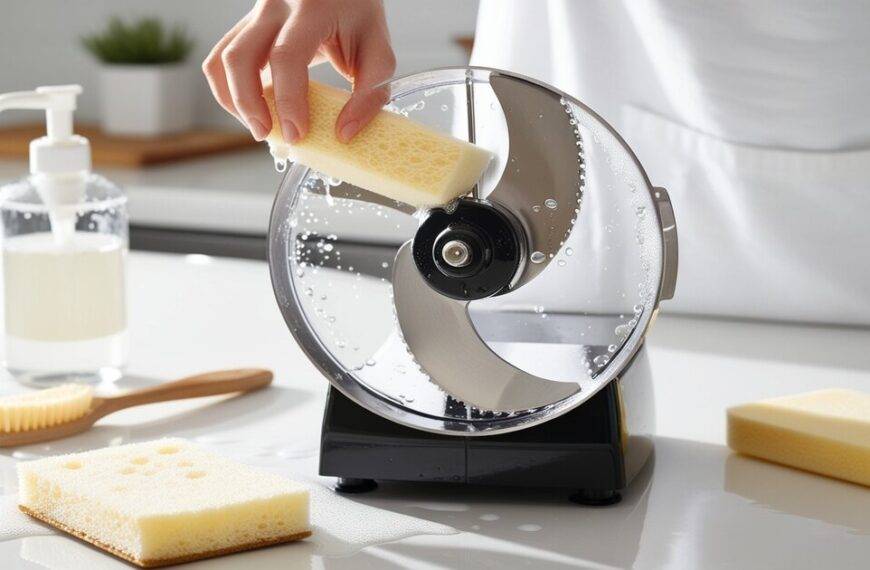 Food processor blade being cleaned with a soft sponge and warm water, with soap bubbles and water droplets visible on the shiny stainless-steel blade. The kitchen counter features dish soap, a small brush, and a soft sponge, highlighting the importance of maintaining kitchen tools.