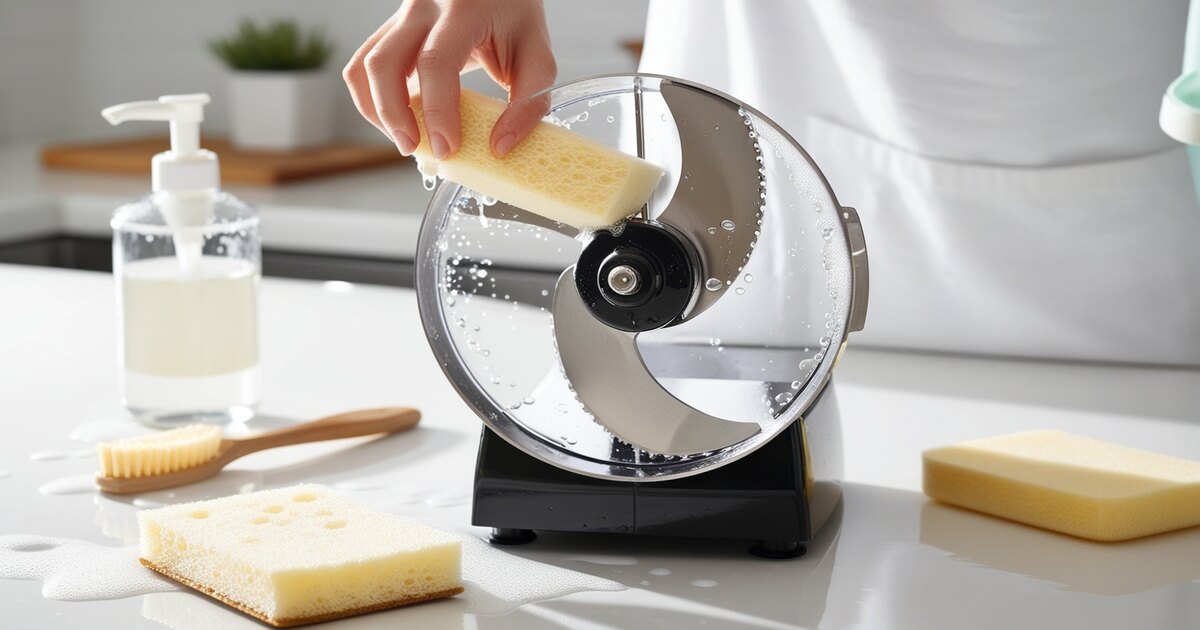 Food processor blade being cleaned with a soft sponge and warm water, with soap bubbles and water droplets visible on the shiny stainless-steel blade. The kitchen counter features dish soap, a small brush, and a soft sponge, highlighting the importance of maintaining kitchen tools.