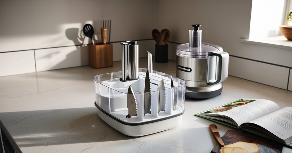 Proper storage of food processor blades to keep them sharp and rust-free.