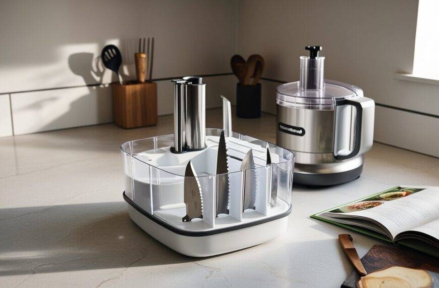 Proper storage of food processor blades to keep them sharp and rust-free.